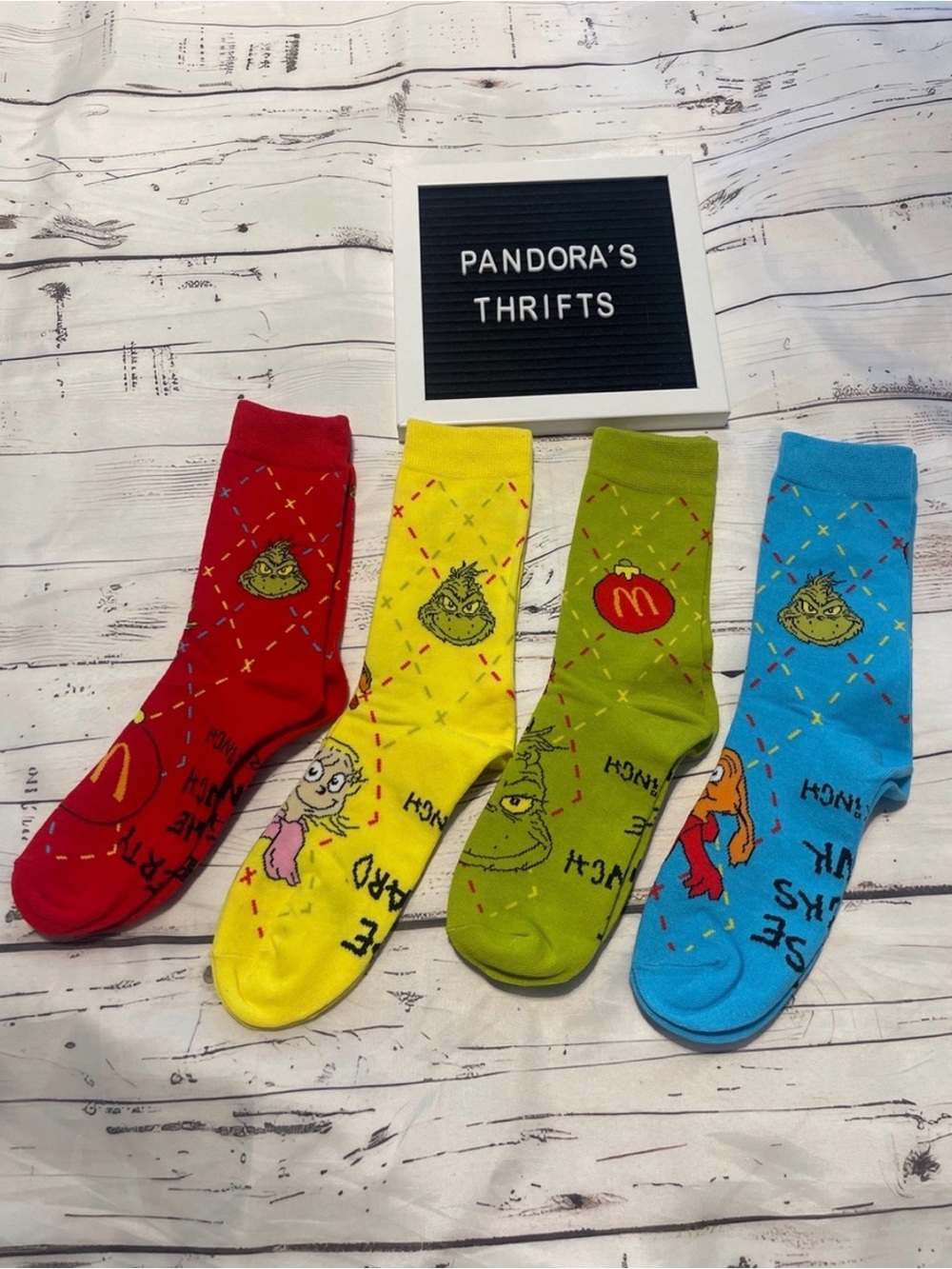 Limited Edition McDonald's Grinch Crew Socks - Red, Yellow, Green, Blue NWOT